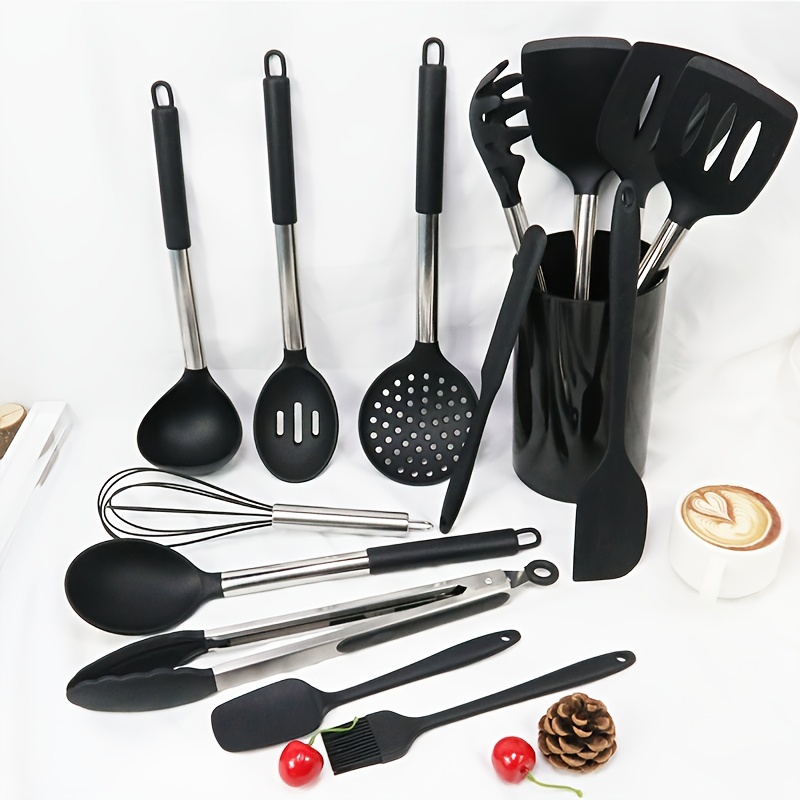 14pcs/set, Silicone Utensil Set, Kitchen Utensil Set, Safety Cooking  Utensils With Storage Bucket, Non-Stick Cooking Utensils With Wooden  Handle, Cookware, Kitchen Utensils, Apartment Essentials, College Dorm  Essentials, Back To School Supplie,gift