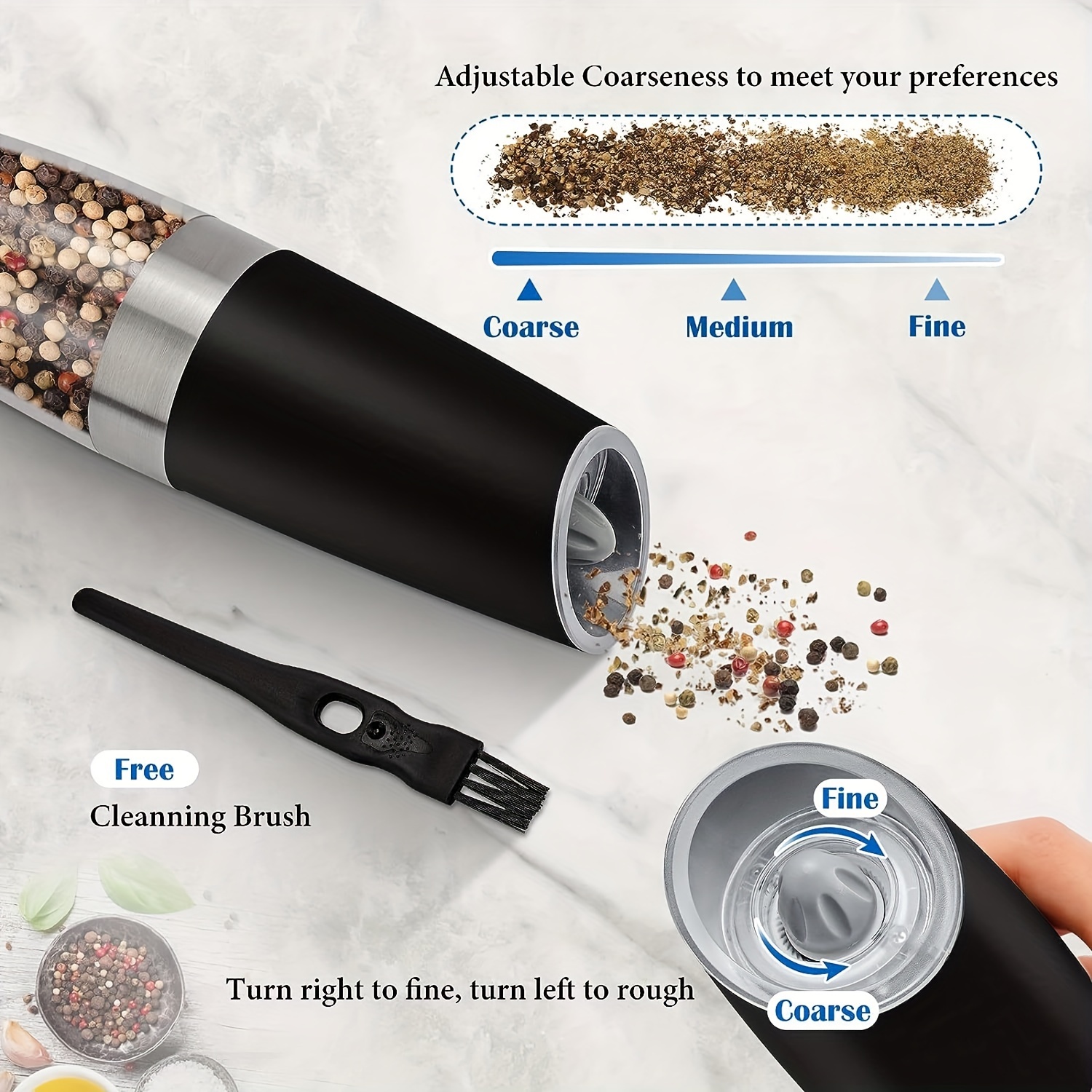 Gravity Electric Pepper and Salt Grinder Set, Salt and Pepper Mill &  Adjustable Coarseness, Battery Powered with LED Light, One Hand Automatic
