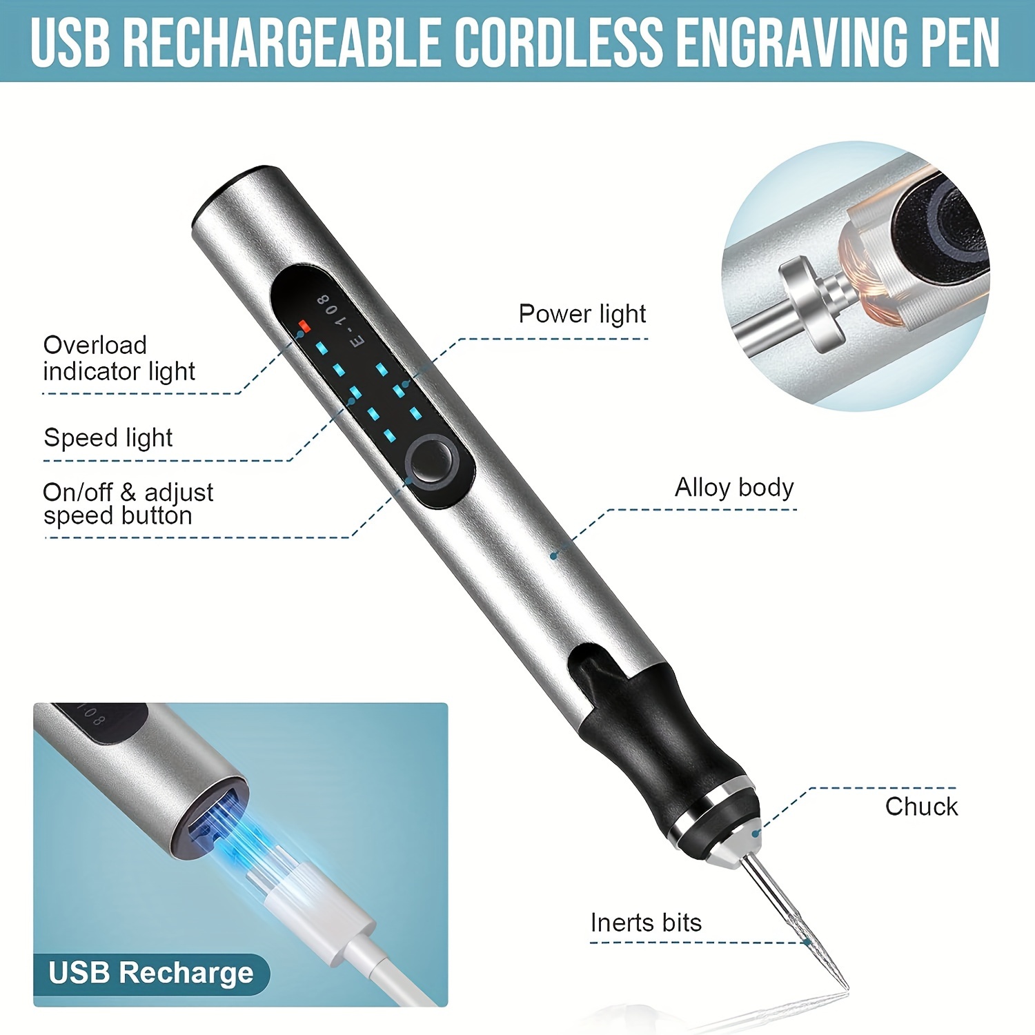 Engraving Pen with LED Light,USB Rechargeable Engraver Pen with 35bits,Mini  Electric Engraving Machines Etching Pen Cordless Handheld Etcher Engraver
