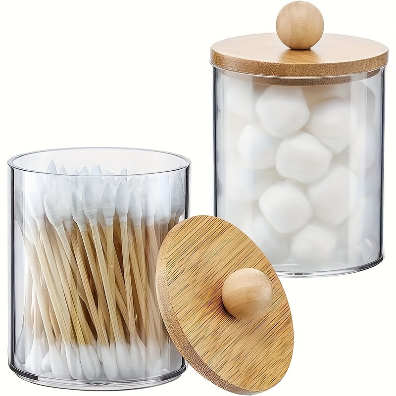 

1/2/3pcs Cotton Swab Storage Box With Bamboo Lid, Transparent Plastic Apothecary Jar Container For Dresser Makeup, Bathroom Accessories