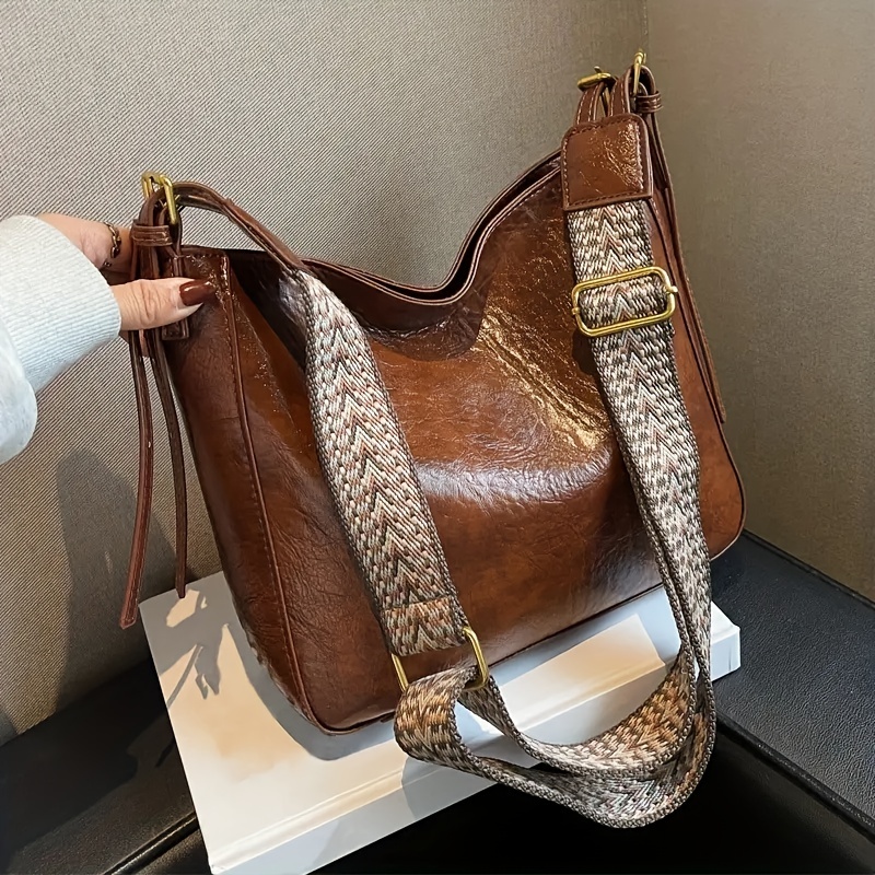Pu Soft Leather Crossbody Bag, Retro Style Bucket Bag, Women's Shoulder Bag  With Wide Strap - Temu