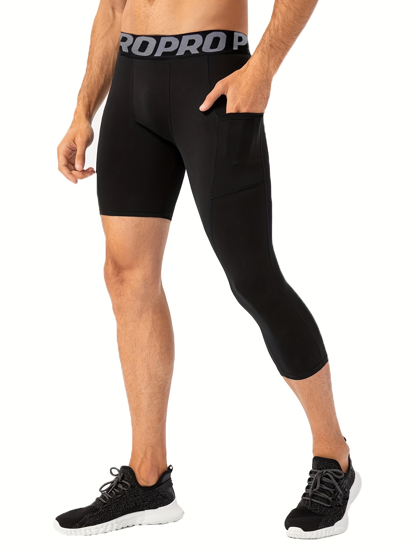 Men One Leg Compression 3/4 Capri Tights Pants Athletic Basketball Base  Layer 