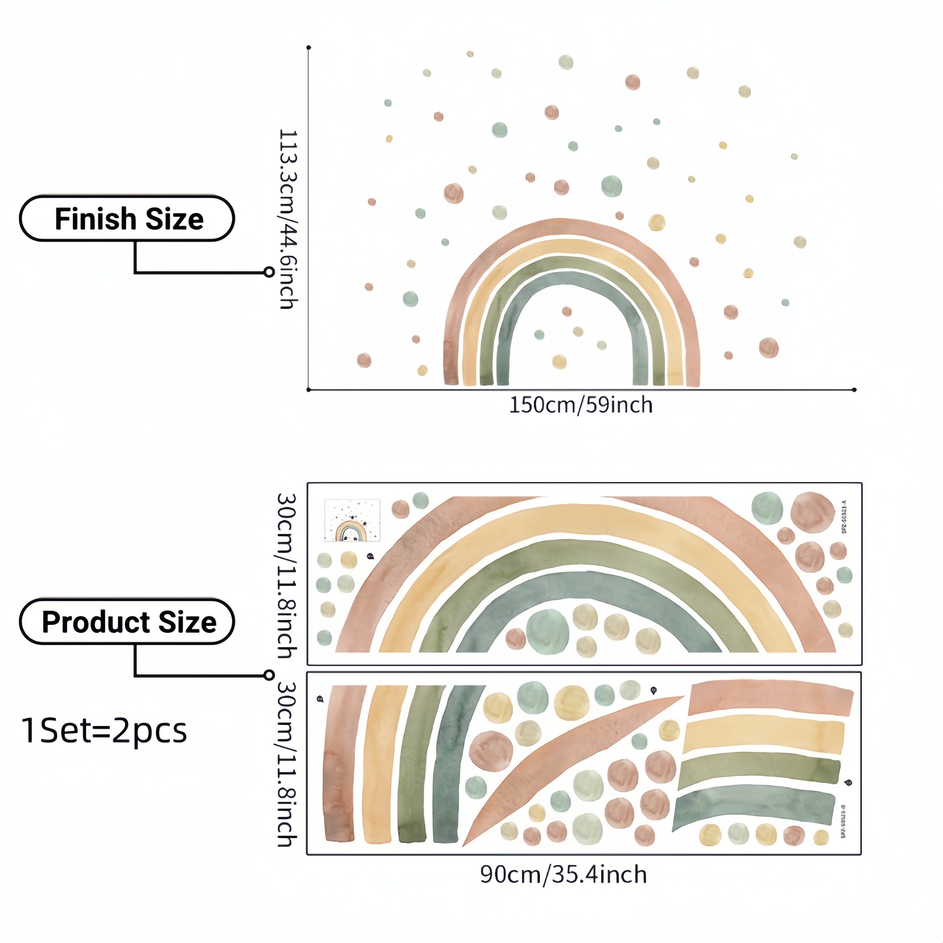 Watercolor Rainbow Wall Decals Peel And Stick, Self Adhesive Colorful Polka Dots Wall Decal Wall Transfer Paper For Bedroom Decor