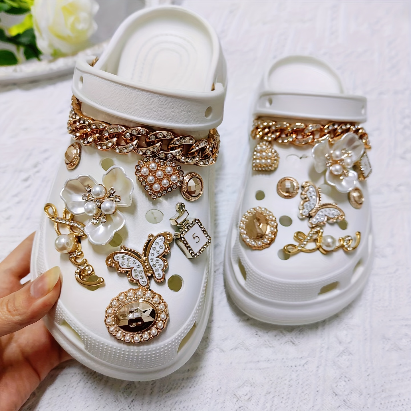 Bling Shoe Charms for Women Girls,Golden Bling Croc Charms for butterfly