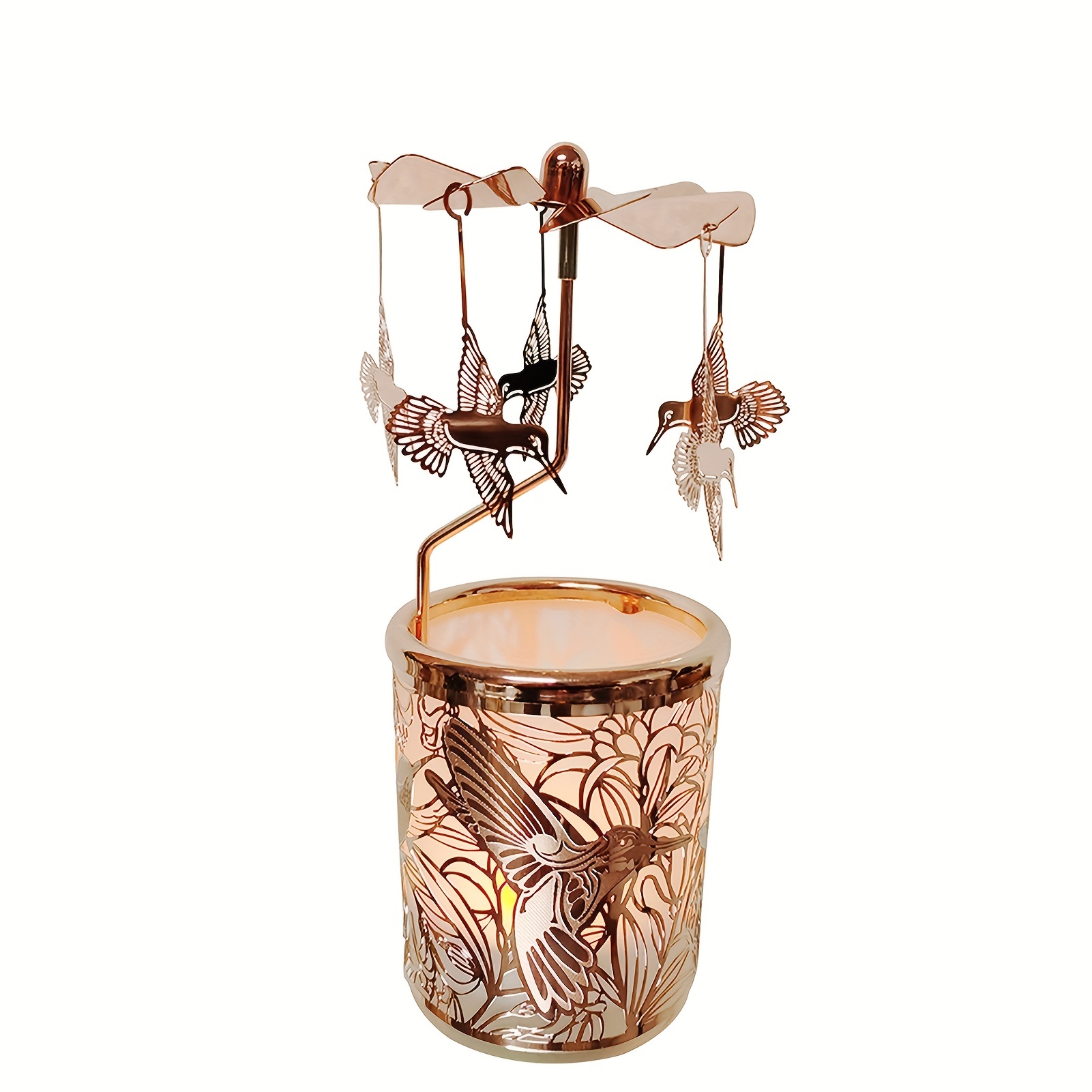 TEMU Rose Golden Rotary Candle Holder Metal Spinning Windmill Candlestick, Hummingbird Carousel Candle Tea Light Holder, Unique Birthday Gift For