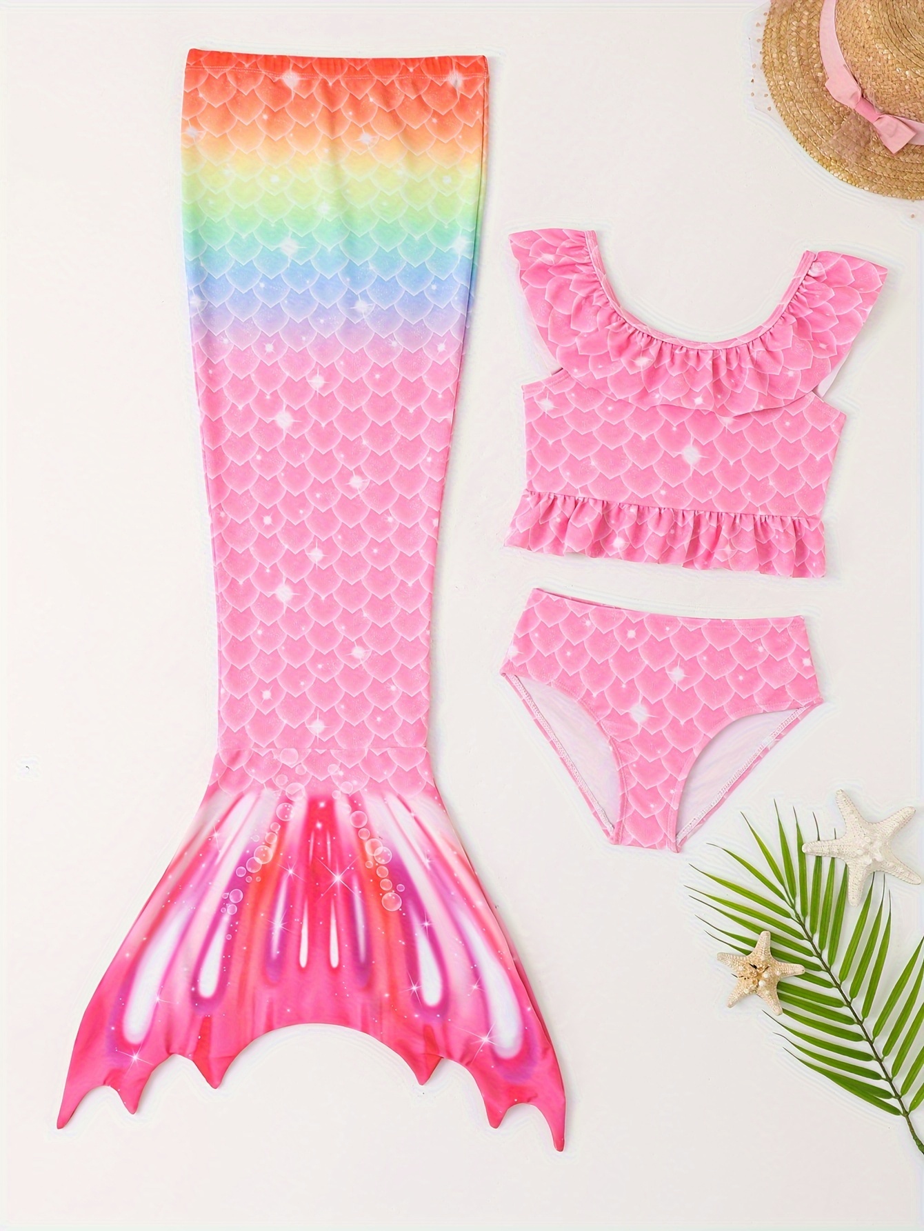 3pcs Girls Sweet Fish Scale Graphic Bikini Swimsuit Mermaid Bathing Suit For Summer Beach Performance