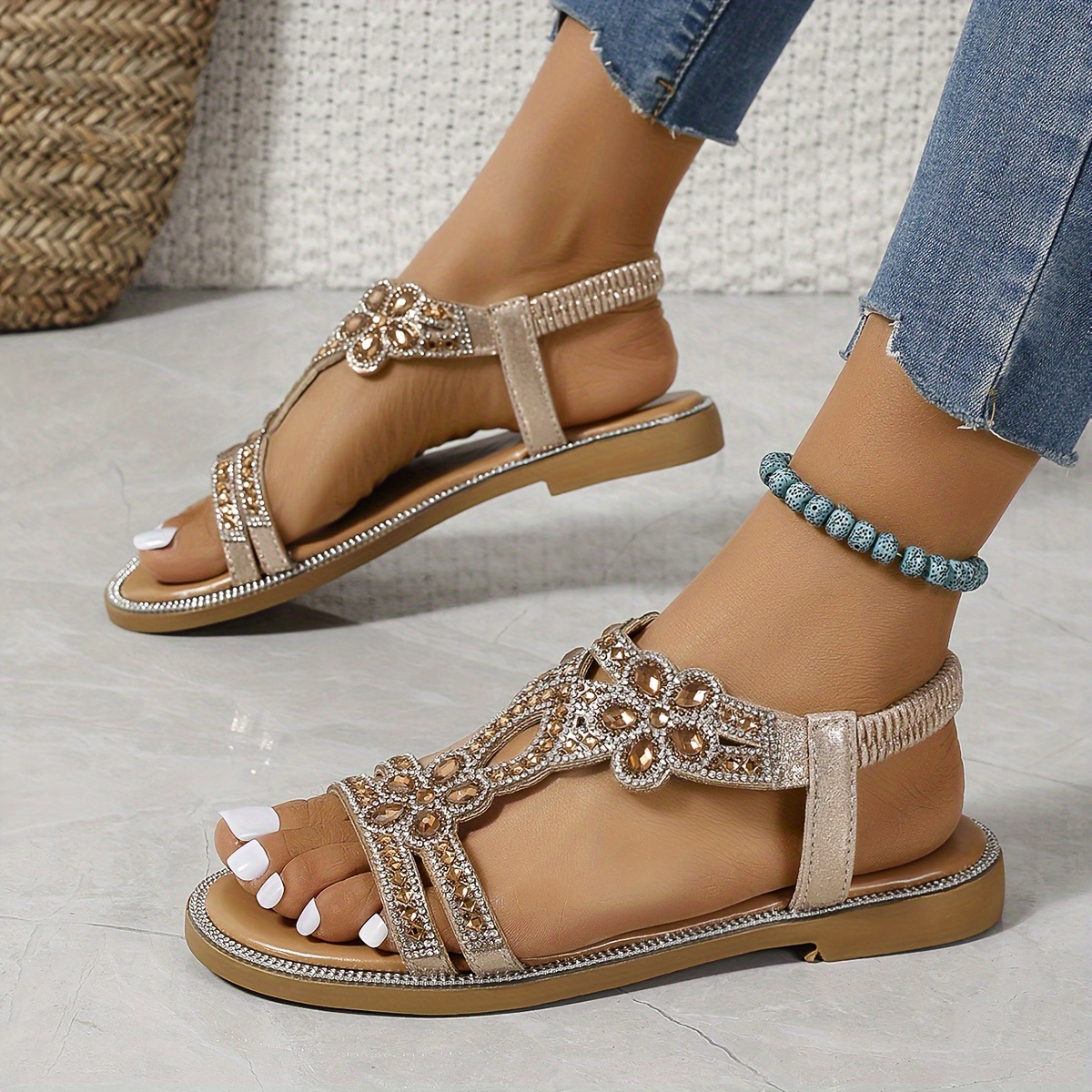 Sandalias planas bohemias para mujer, sandalias versátiles elásticas con pedrería hueca y comodidad, zapatos brillantes para vacaciones detalles 3