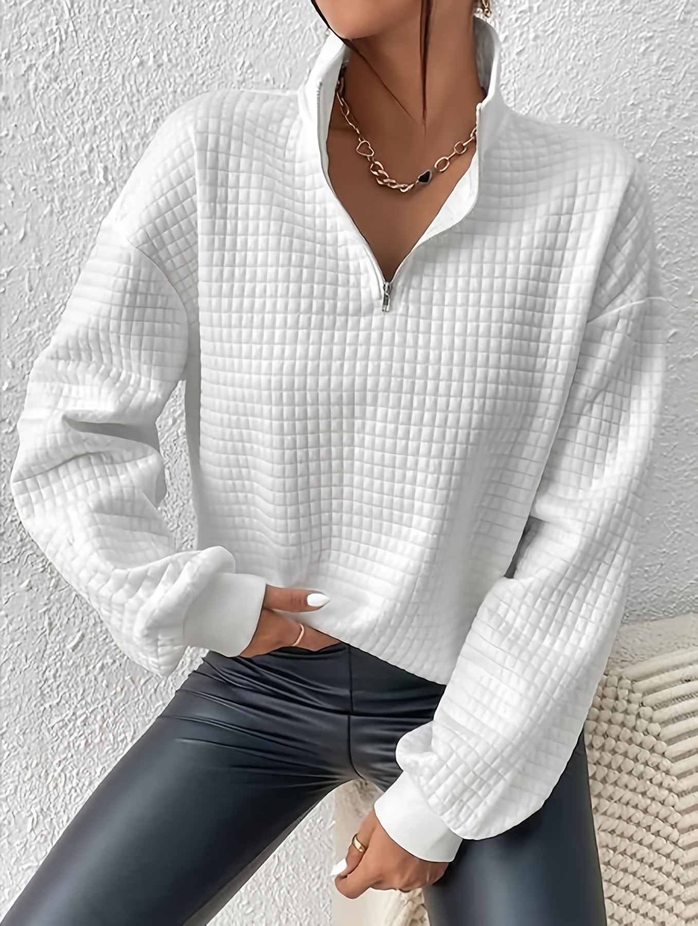 Womens Half Zip Pullover Long Sleeve Fleece Quarter Zip Pullover Stand  Collar Drop Shoulder Cropped Sweatshirts