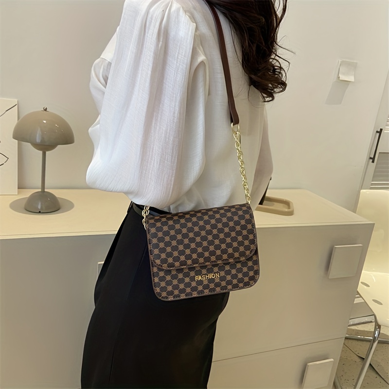 Vintage Geometric Pattern Square Bag, Trendy Flap Chain Bag, Pu