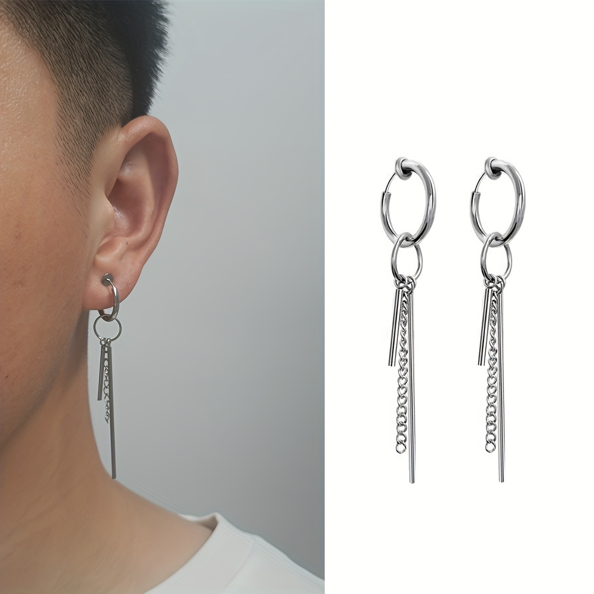 

2pcs/pair Vintage Stainless Steel Chain Sticks Pendant Ear Clips, Non Piercing Fake Earrings For Men