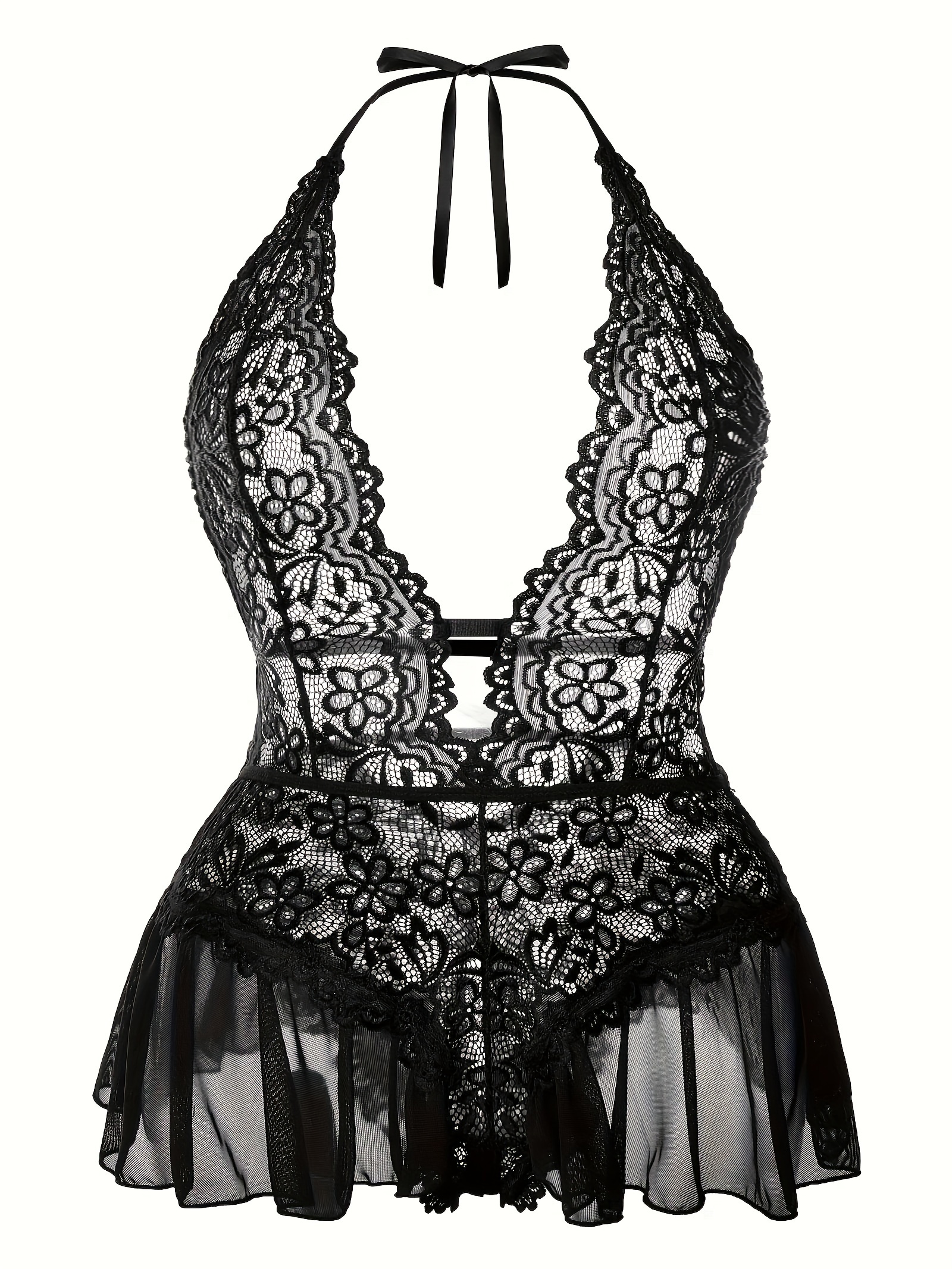 Womens Black Floral Bustier Teddy Lace Bodysuit + Plus Size Lingerie 