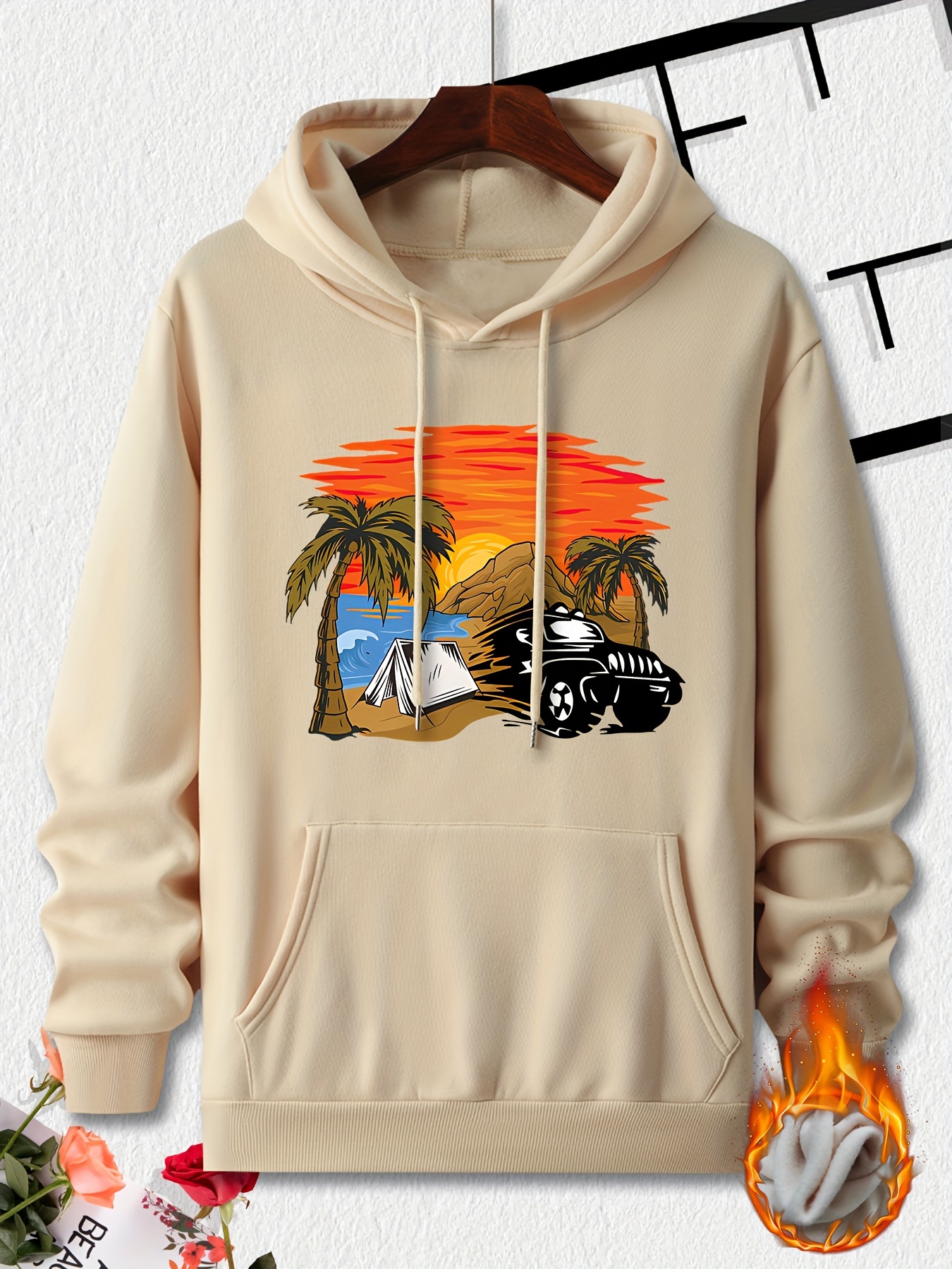 Male And Women Autumn And Winter Solid Color Coconut Tree Printing Sweater  Hooded Long Sleeve Pocket Men (Black, S) : Clothing, Shoes & Jewelry 