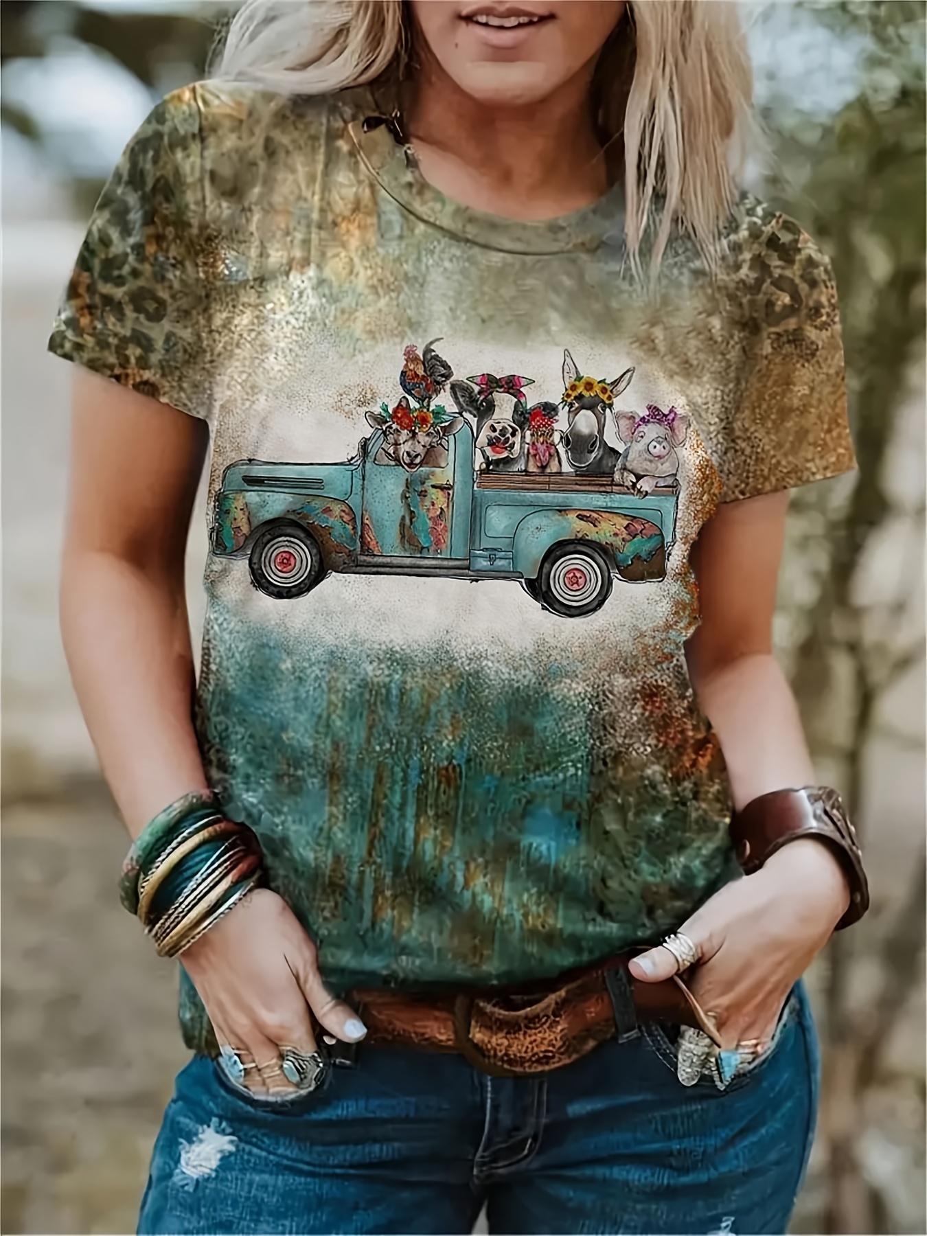 Vintage Print Crew Neck T shirt Western Loose Long Sleeve - Temu