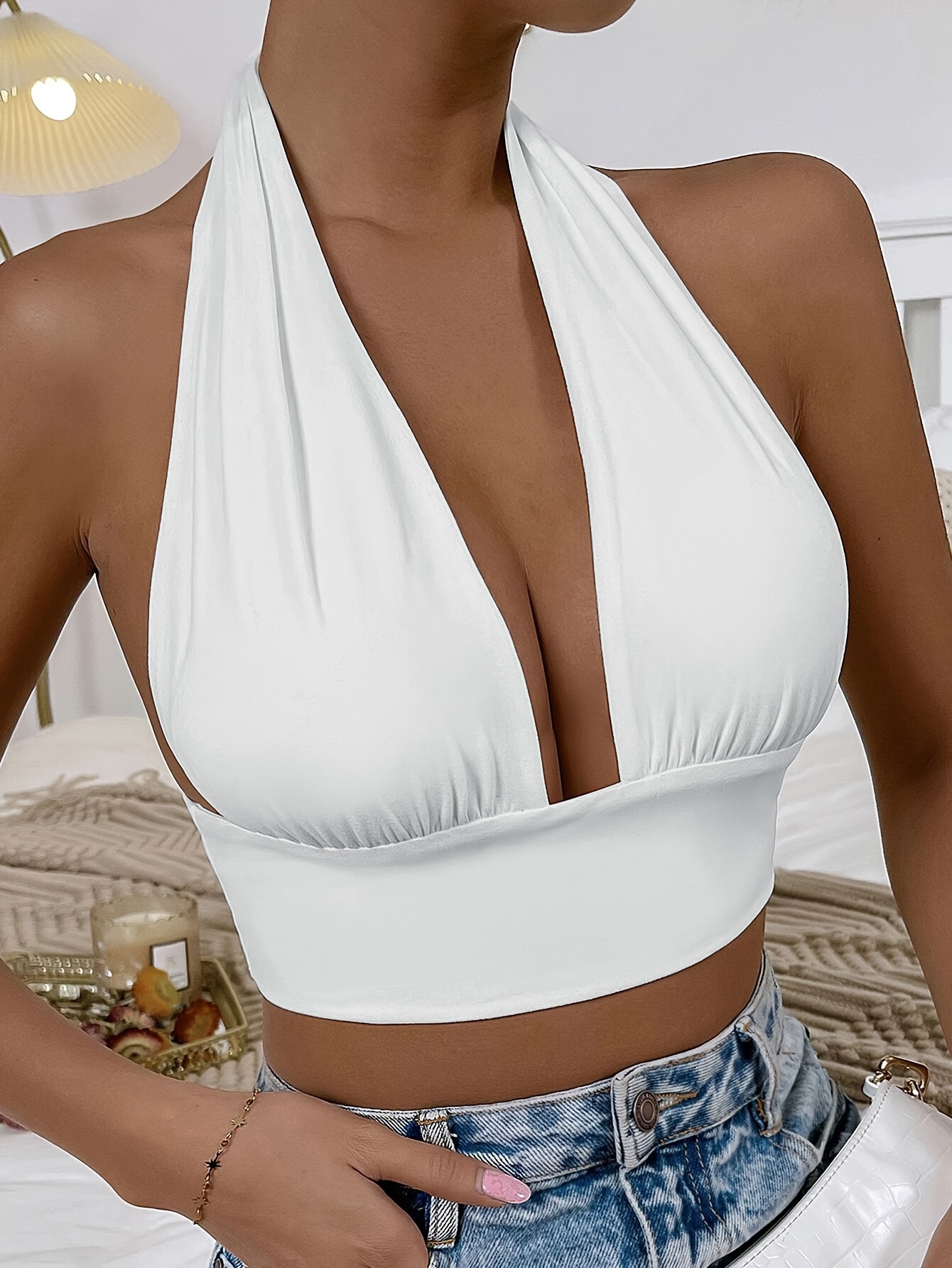 Summer Sexy Backless Crop Cami Top Cowl Neck Sleeveless Tie Back Halter  Tops Y2K Camisole Vest (White, S) at  Women's Clothing store