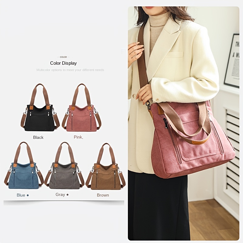 Women's Canvas Shoulder Bag Crossbody Detachable Strap Messenger  Multi-Pockets Bag Zipper Close Simple College Bag Travel Everyday Bag Blue