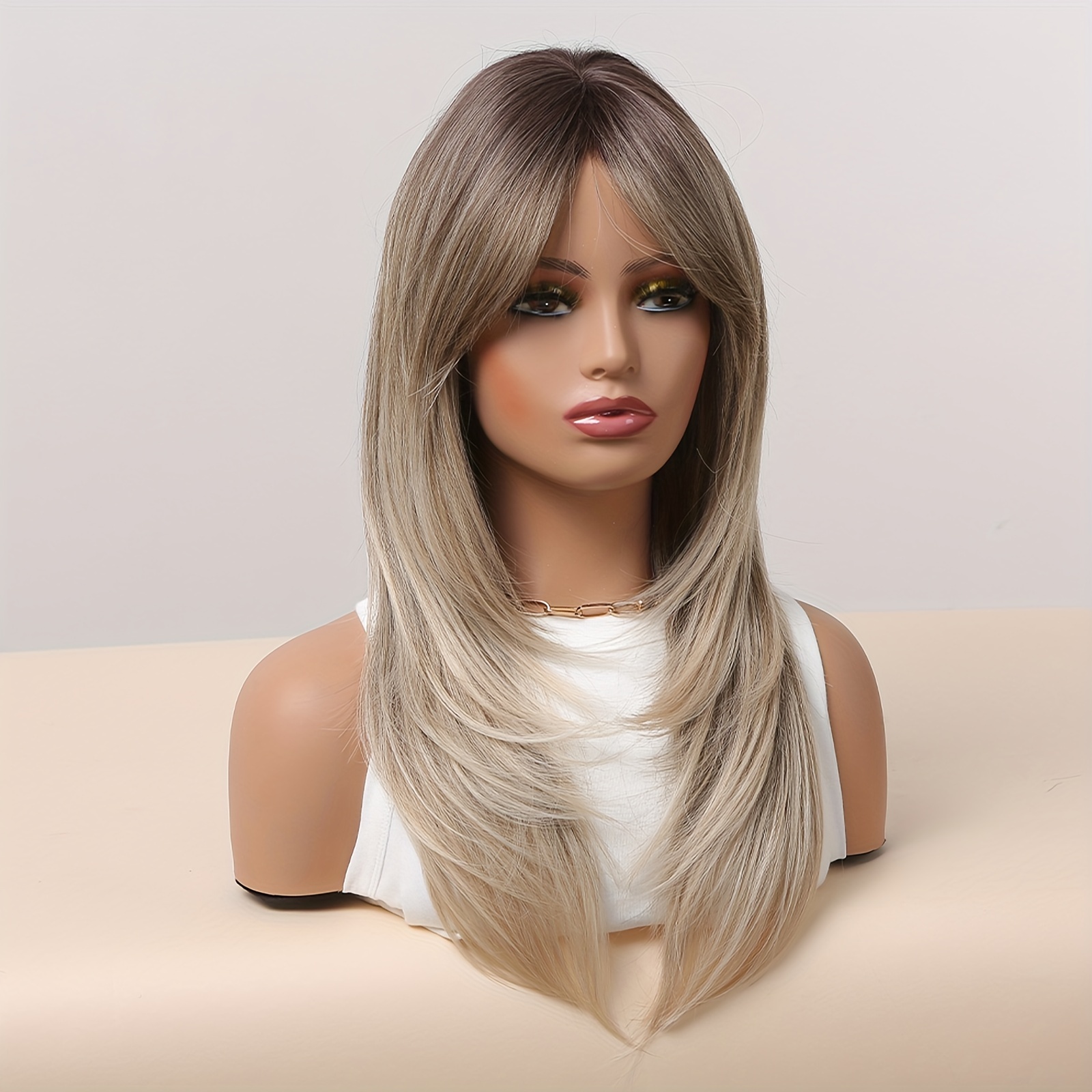 Blonde 55 88 Cm Long Straight Layered Wigs With Bangs