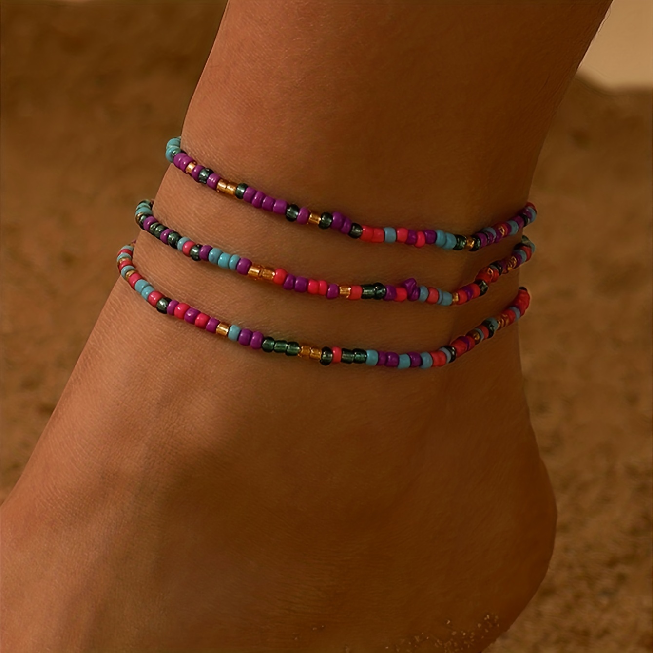 

3pcs/set Colorful Mini Rice Beads Beaded Anklet Set Boho Style Summer Beach Elastic Ankle Bracelet Set