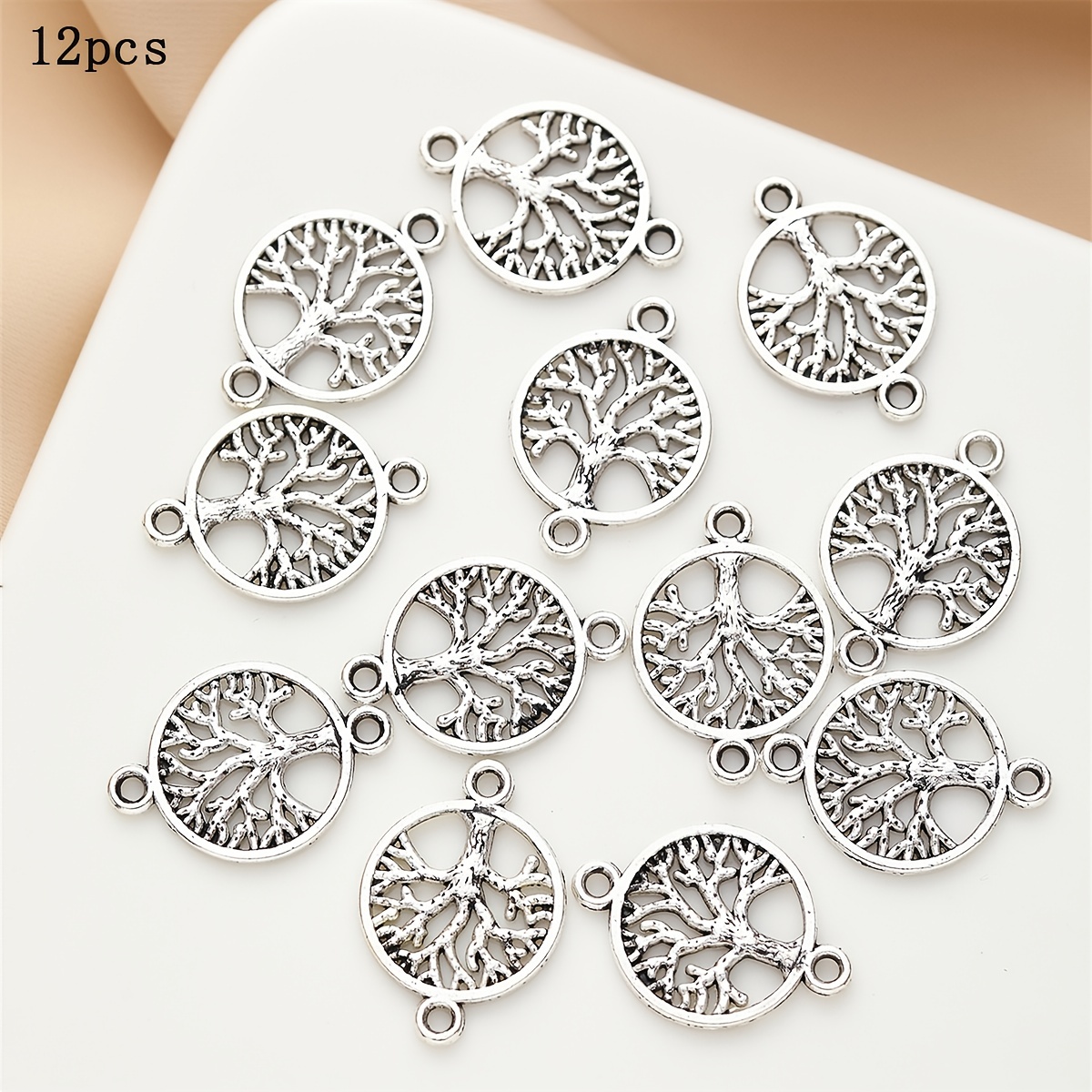 

12pcs Silvery Zinc Alloy Charms, Tree Of Life Design Hollow Round Connectors, For Jewelry Accessories Necklace Pendant Making