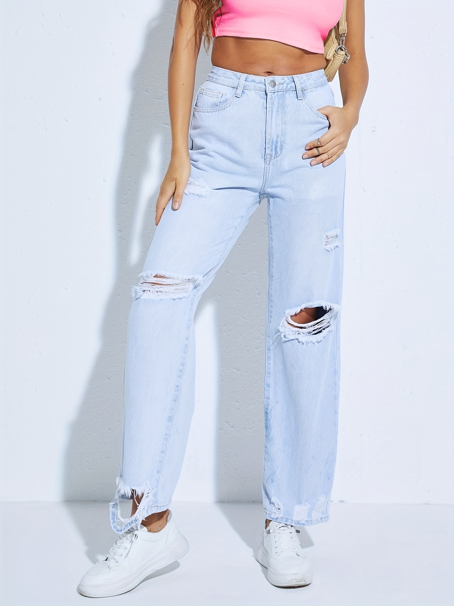 Ripped Distressed Straight Leg Jeans Loose Light Washed Blue - Temu Canada