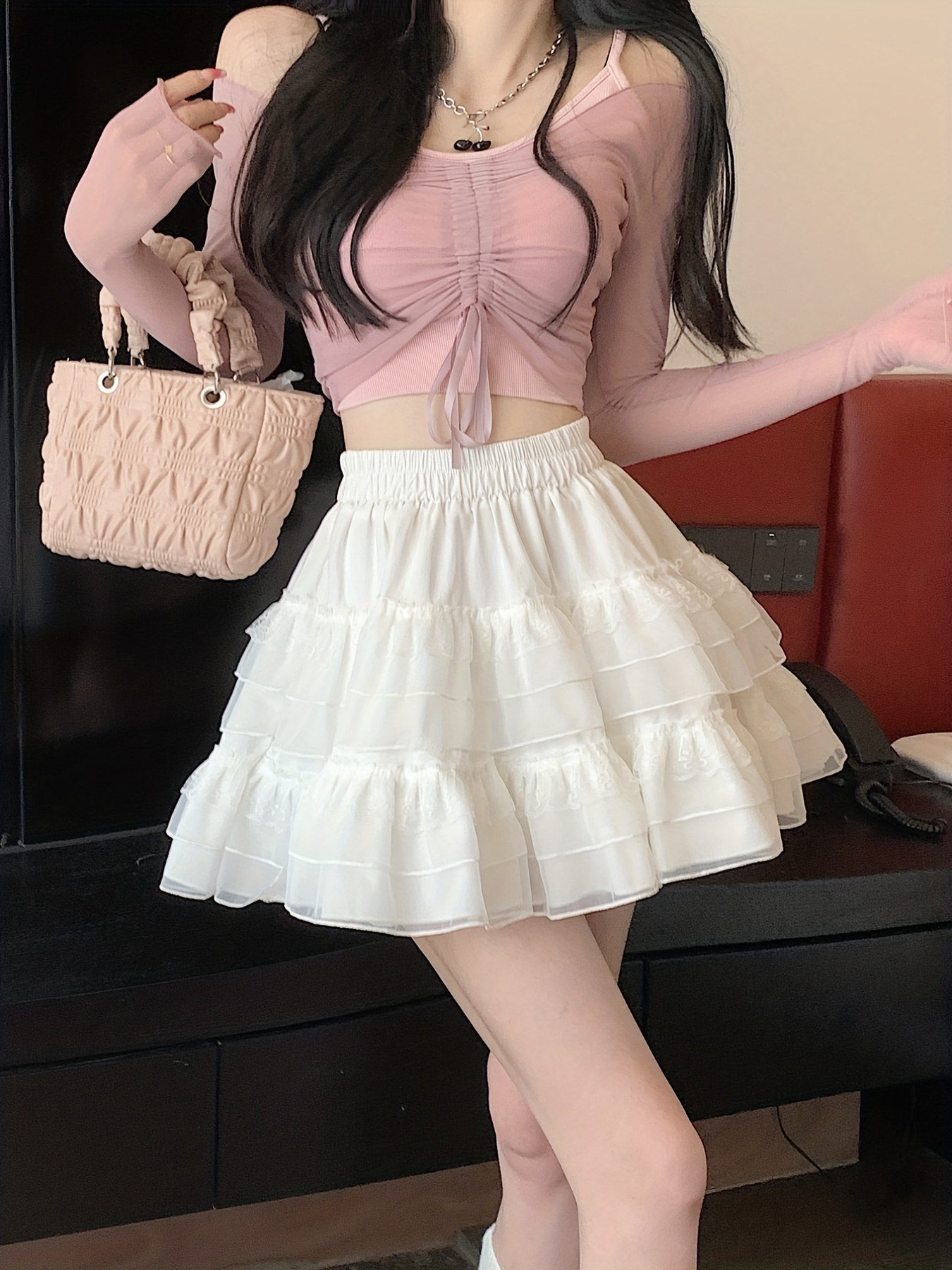 Kawaii Lace Decor Tiered Mini Skirt Elastic Waist Skirt For - Temu