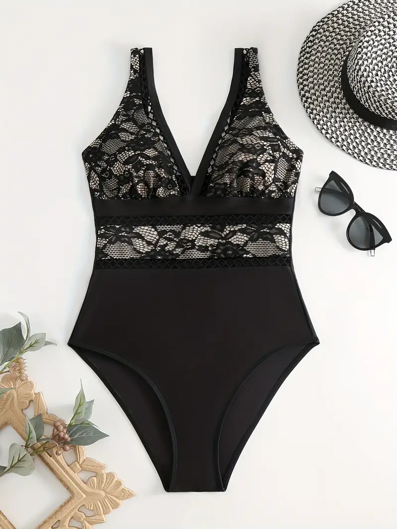 Lace Deep V Neck High Cut One Piece Swimsuit, Black Sexy Medium Stretch  Bathing Suit For Beach Pool, Women's Swimwear & Clothing