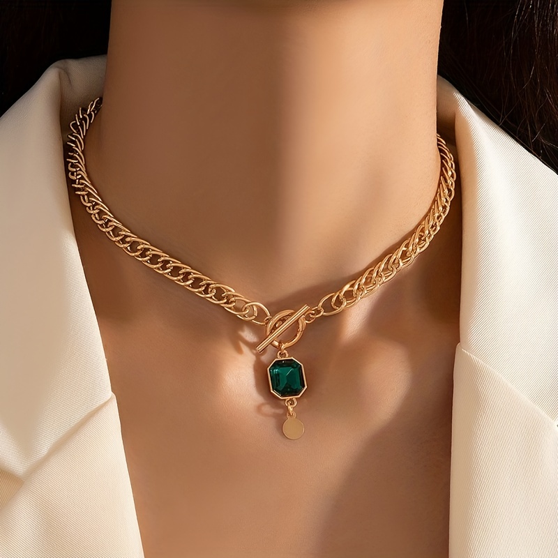 Golden Chain Design Emerald Shiny Synthetic Gems Pendant - Temu