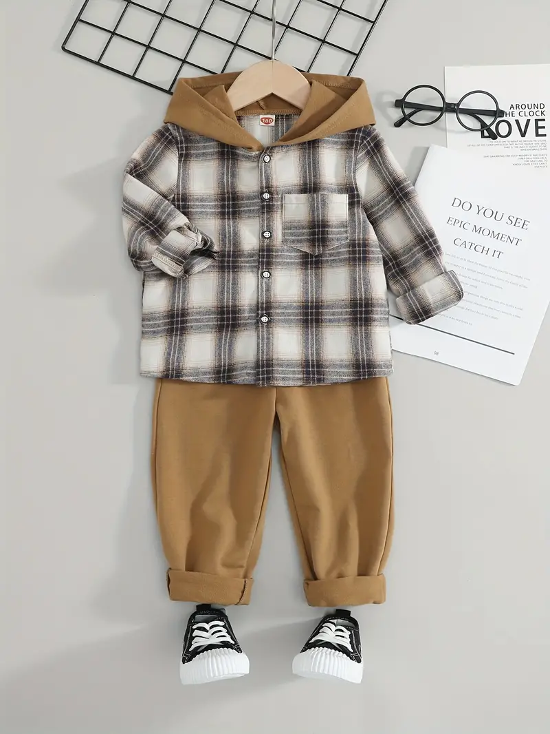 fashion boy 2pcs hooded jacket and daily casual pants with long sleeved plaid design fashion set details 0