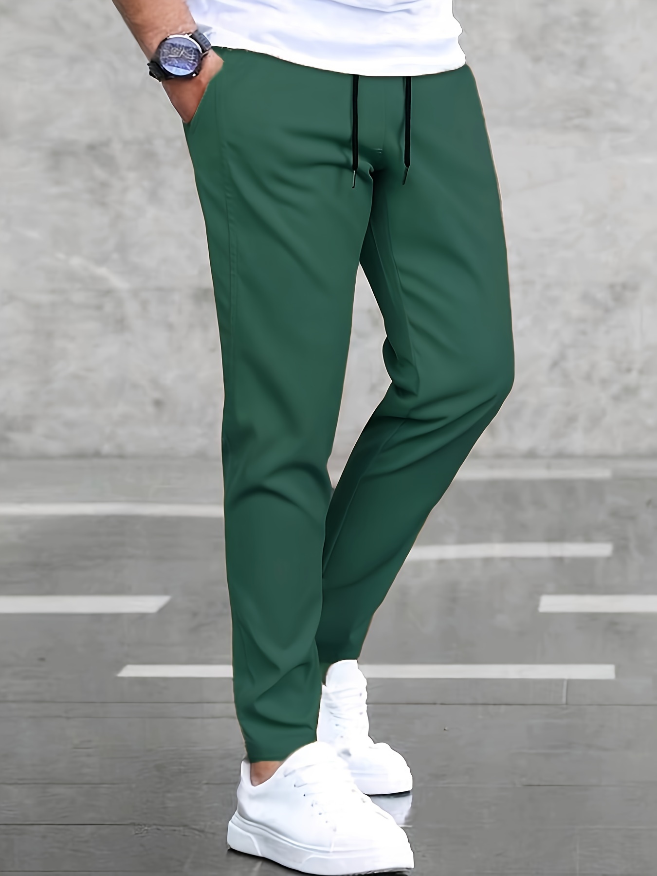 mens casual waist drawstring joggers solid all match sports pants with pockets green 2