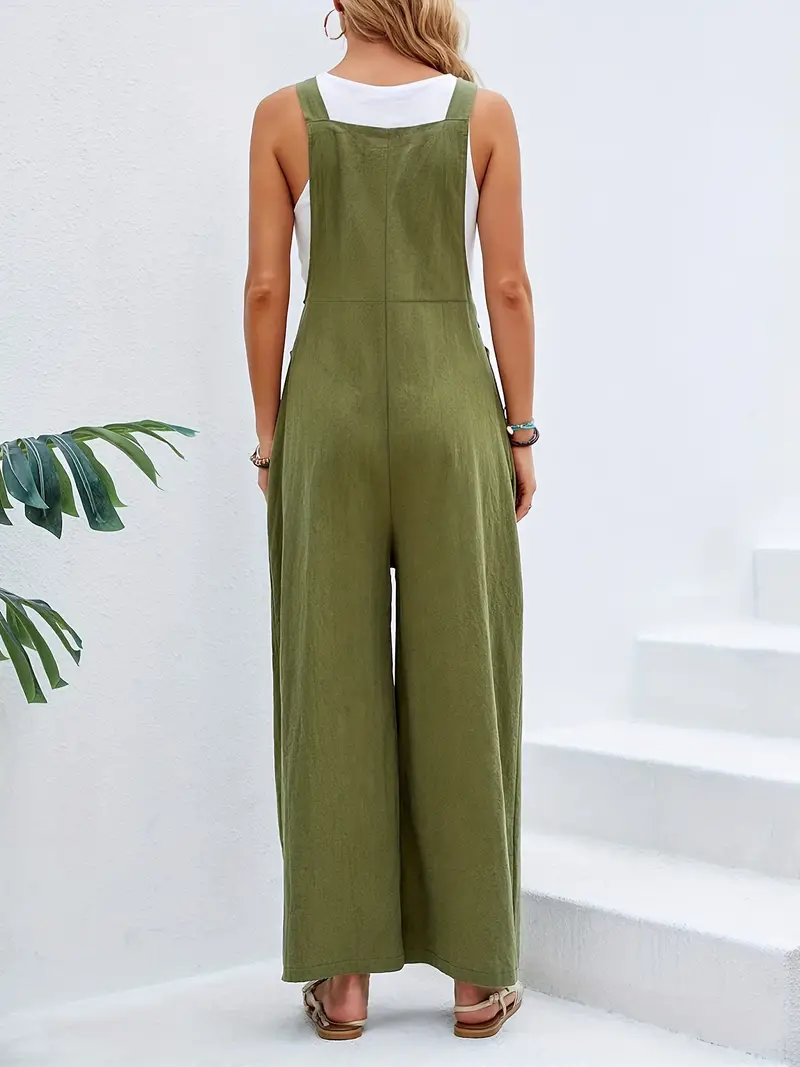 boho solid sleeveless long length jumpsuit casual baggy jumpsuit with pockets womens clothing army green 1