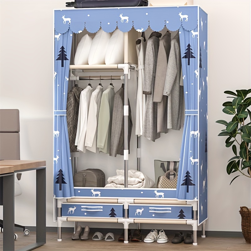 1 piece of simple bedroom home elk cloth wardrobe sturdy and   enclosed dust proof hanging wardrobe reinforced with   and thickened straps 3 hanging clothes poles and 4 drawers christmas style storage cabinet details 11