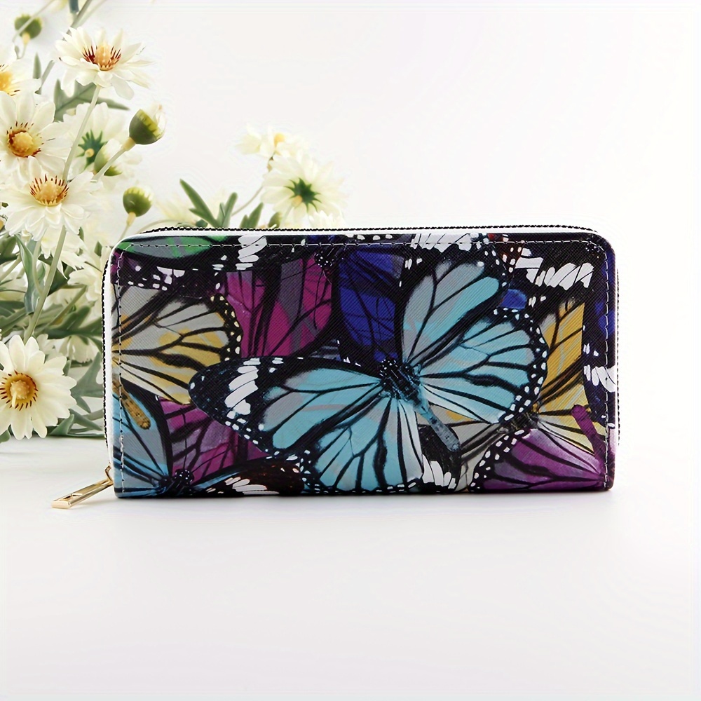 Butterfly Flower Print Long Wallet Zipper Around Coin Purse Temu