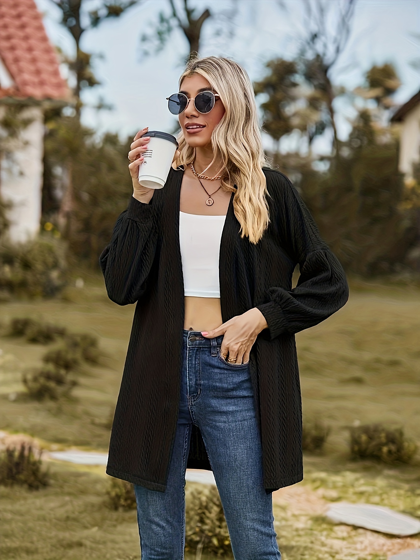 Solid Knitted Long Sleeve Open Front Cardigan