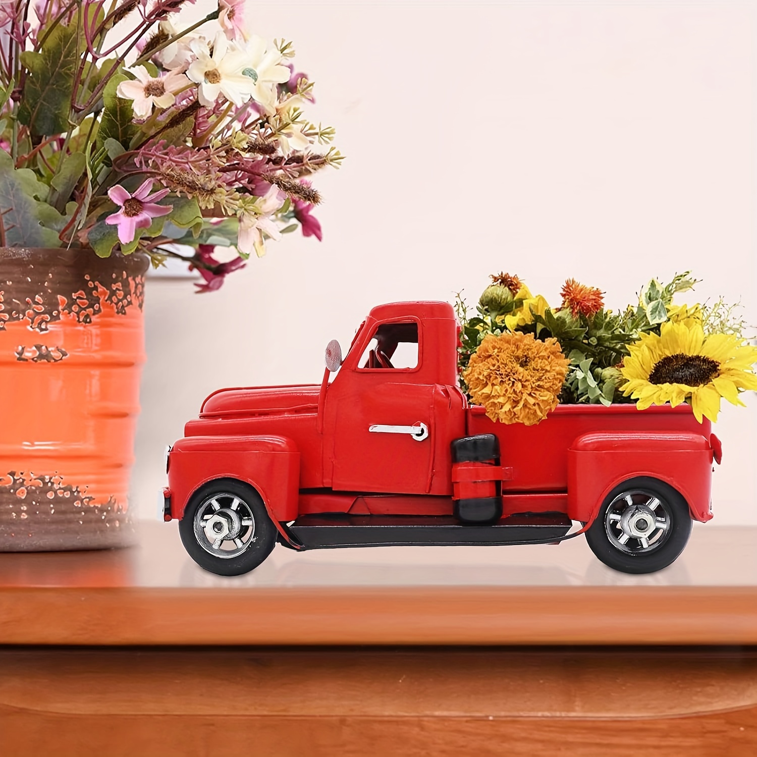 1pc, Vintage Metal Classic Pickup Red Truck Tree Farm House Rustic  Christmas Decor, Suitable For Outdoor & Indoor Pickup Decoration Tabletop  Storage