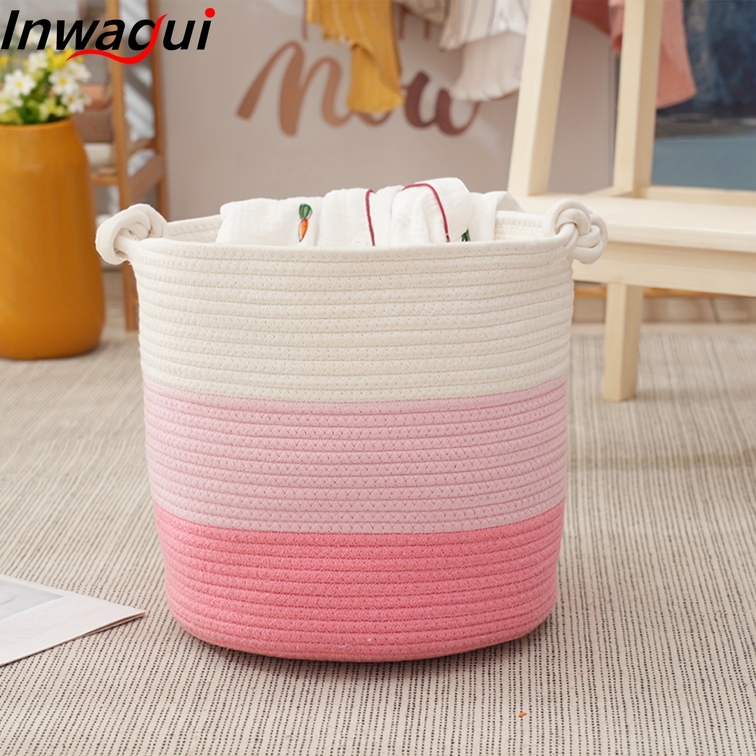 1pc Woven Rope Storage Basket With Handles, Pink And White Fabric Storage Bin For Clothes, Blankets, Toys, And More, Stylish And Durable Home Organizer, 11.8x11.8 Inches, Medium