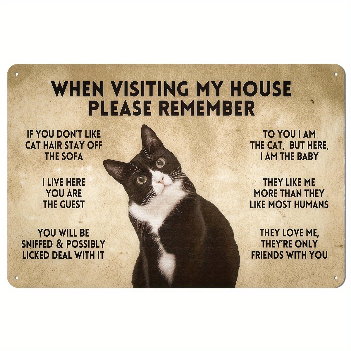 1pc funny tuxedo cat rules metal sign 8x12inch when visiting my house please remember black cat apartment decor for cat lover retro room decor caution sign 0
