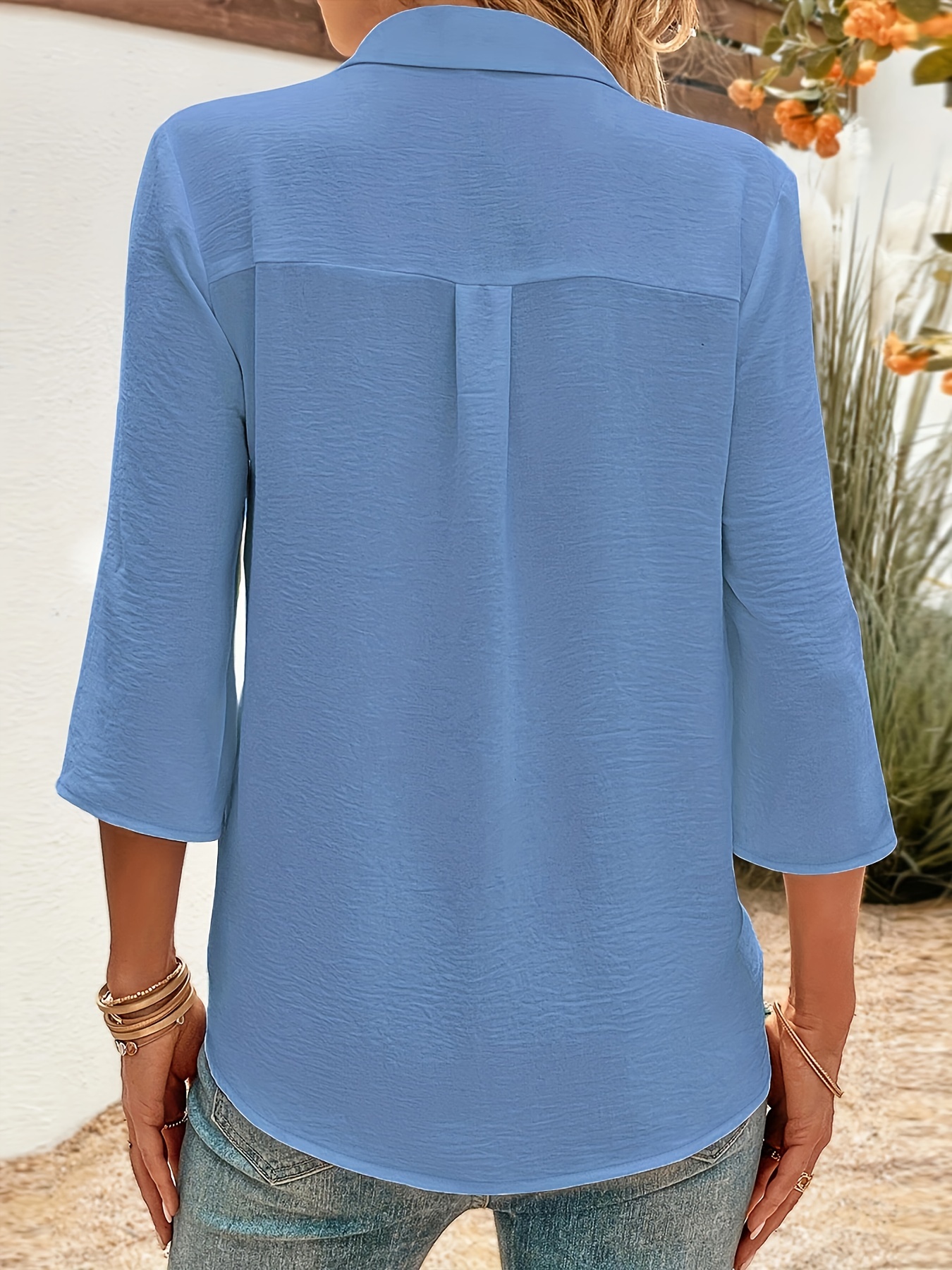 button front 3 4 sleeve blouse casual solid v neck solid blouse womens clothing sky blue 1
