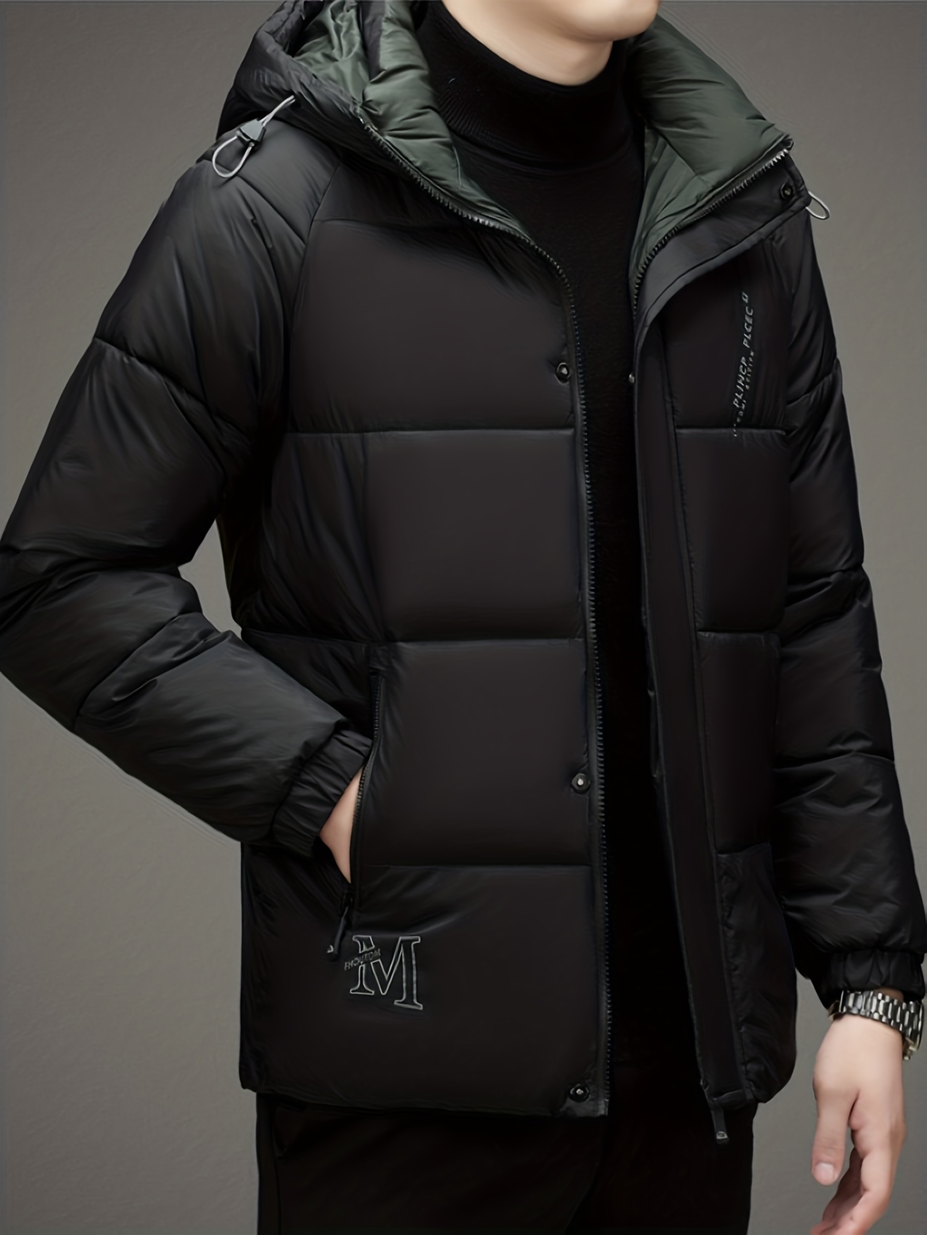 Men's Trendy Solid Puffer Coat, Casual Zip Up Hooded Jacket For Outdoor  Winter - Temu