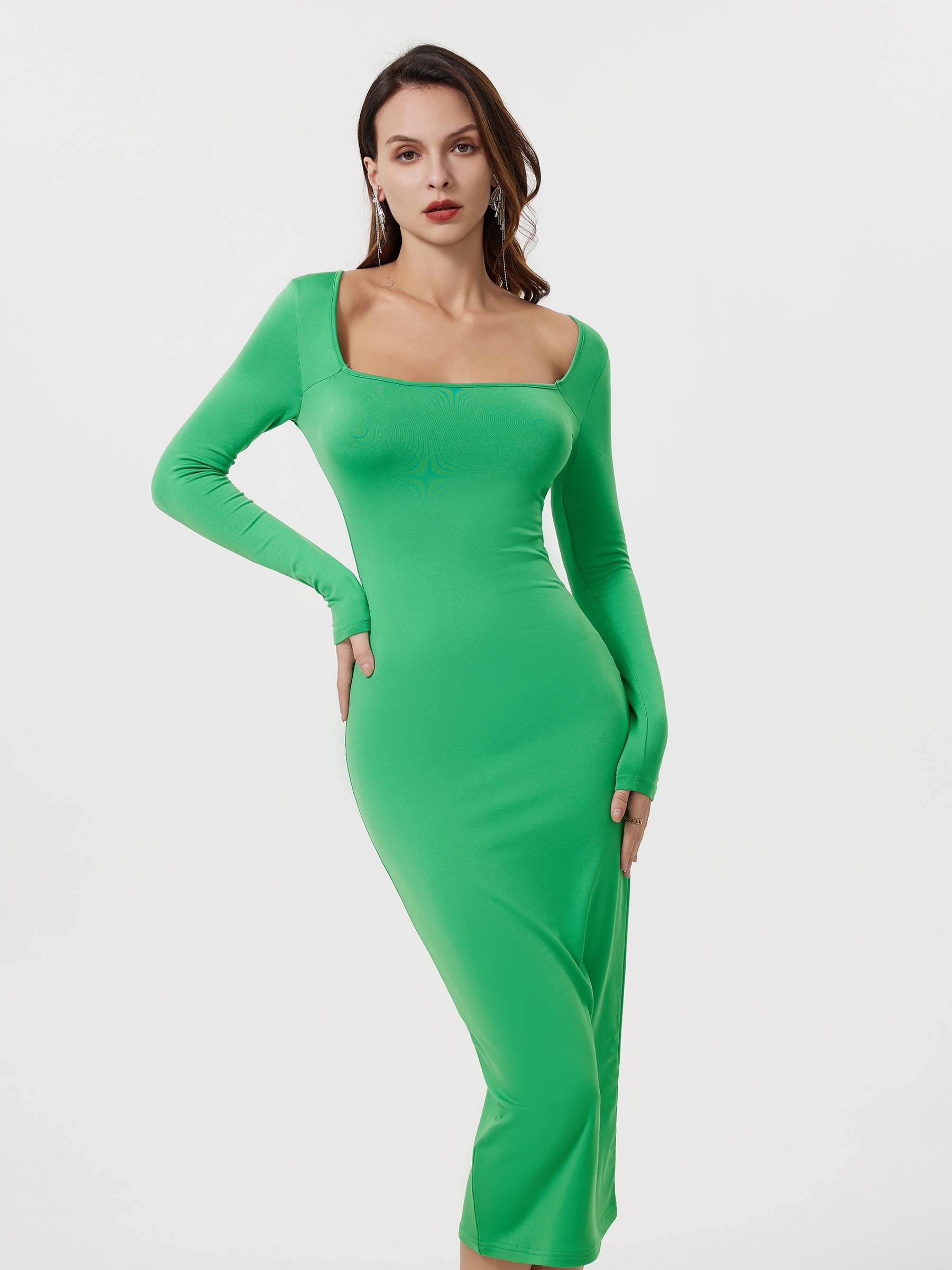 Squared Neck Bodycon Dress, Casual Solid Long Sleeve Midi Dress, Women's  Clothing