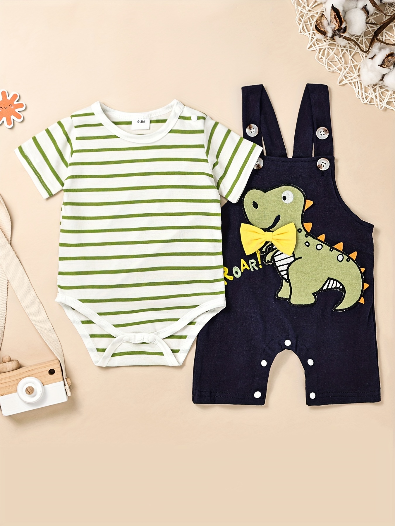 2pcs Baby Boy Green Striped Long-sleeve Shirt and Solid Overalls Set