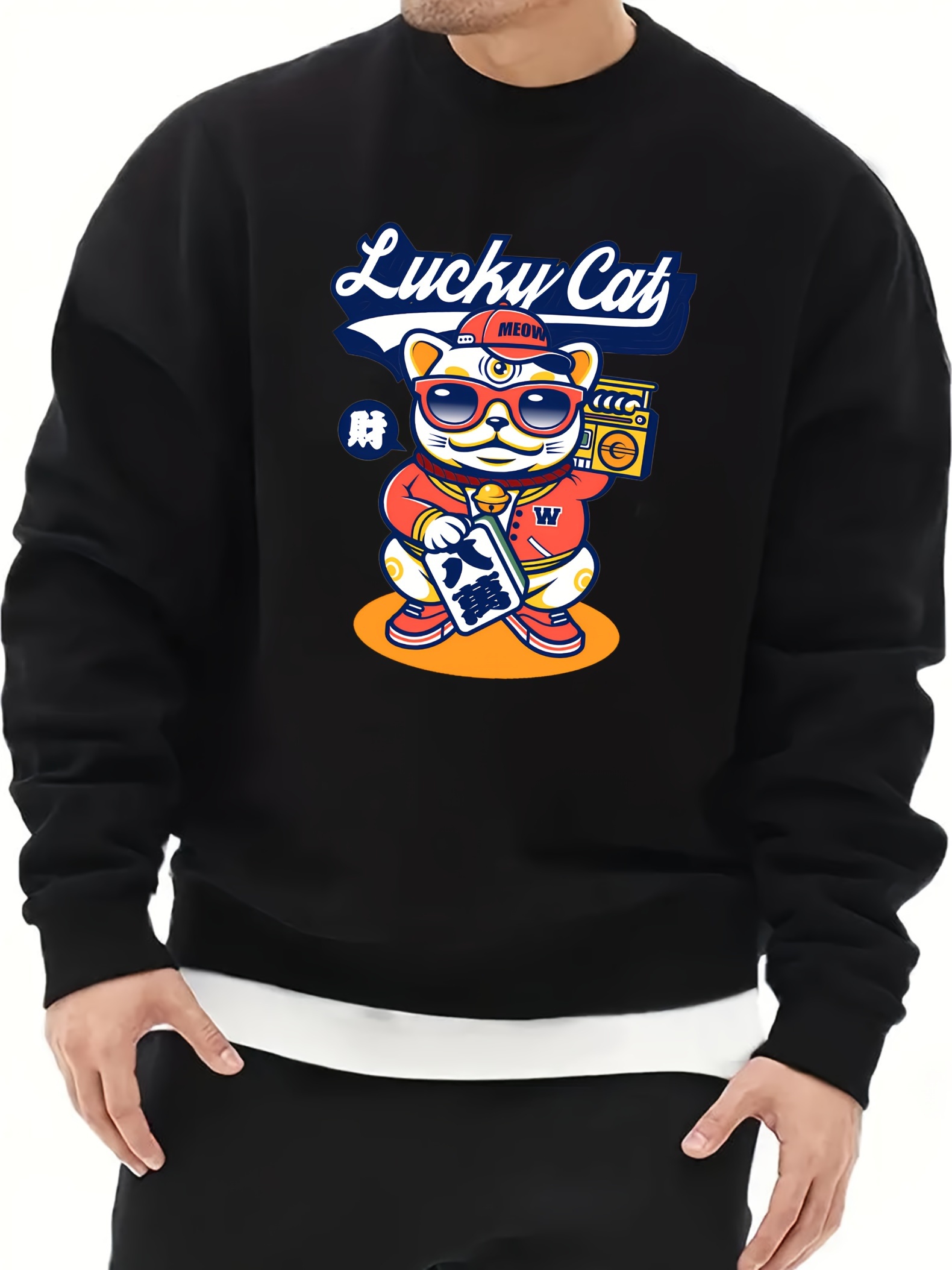 Cartoon Lucky Cat Print Trendy Sweatshirt Men s Casual Temu