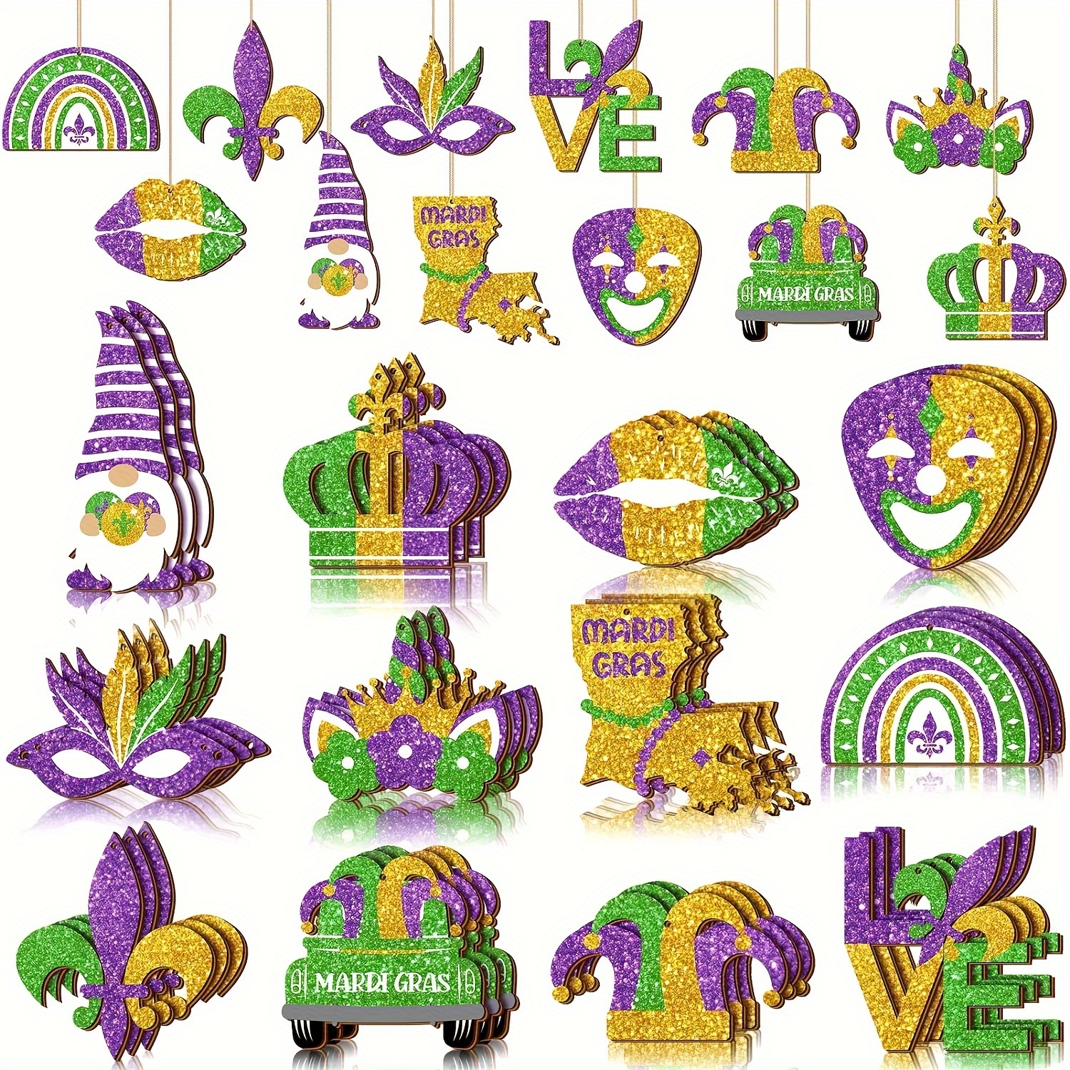 12pcs, Mardi Gras Decorations Wooden Ornaments Glitter Hanging For Tree  Purple Yellow Green Gnome Crown Mask Ornament Carnival Holiday Party Favors  (G