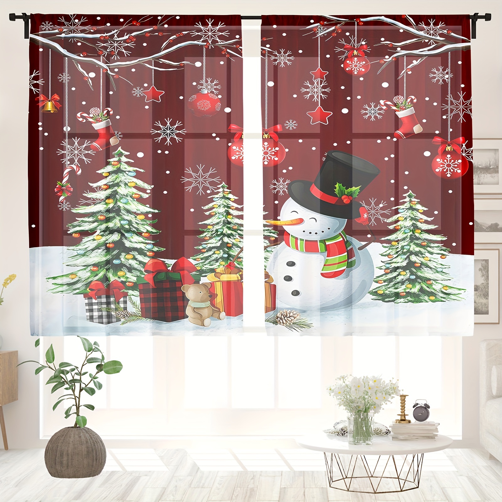 2 Panels Christmas Snowflake Curtains Red Study Room Kitchen - Temu