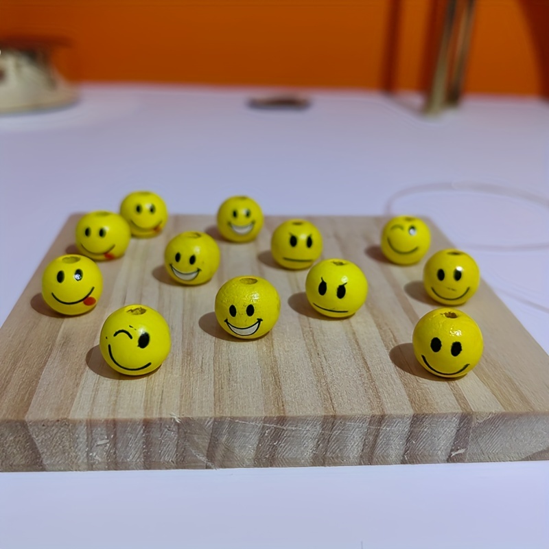 

50pcs 1.2cm 0.47inch Round Wooden Beads Print Smiling Face, For Diy Bracelet Necklace Macrame Hair Crafts Christmas Decor Jewelry Making Supplies