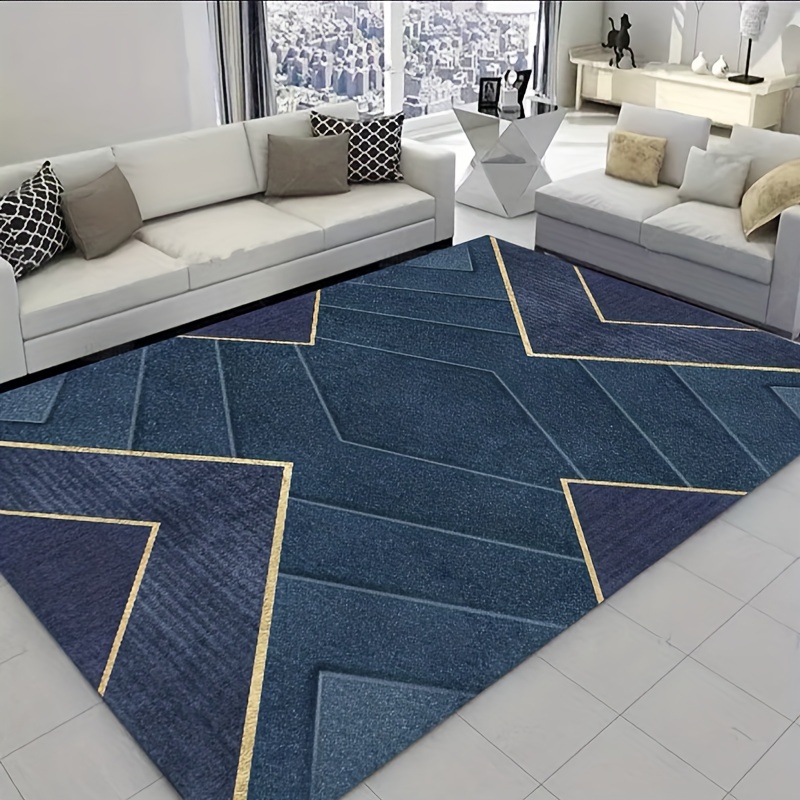 1pc Geometric Abstract Area Rug, Stain Resistant Golden Line Art Gallery  Geometric Pattern Floor Carpet, Soft Non-Shedding For Living Room Bedroom  Decor, Home Decor, Royal Blue