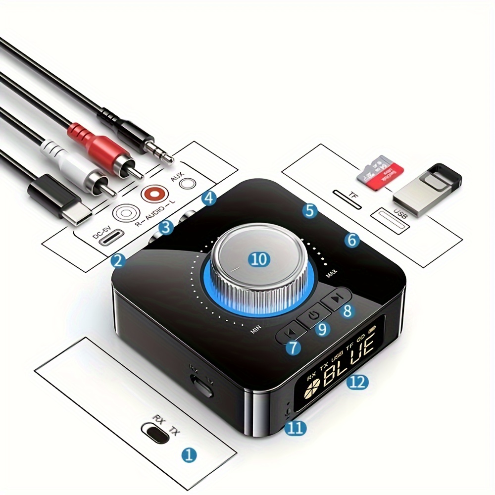 Transmisor y receptor Bluetooth 5,0, FM estéreo, AUX, Jack de 3