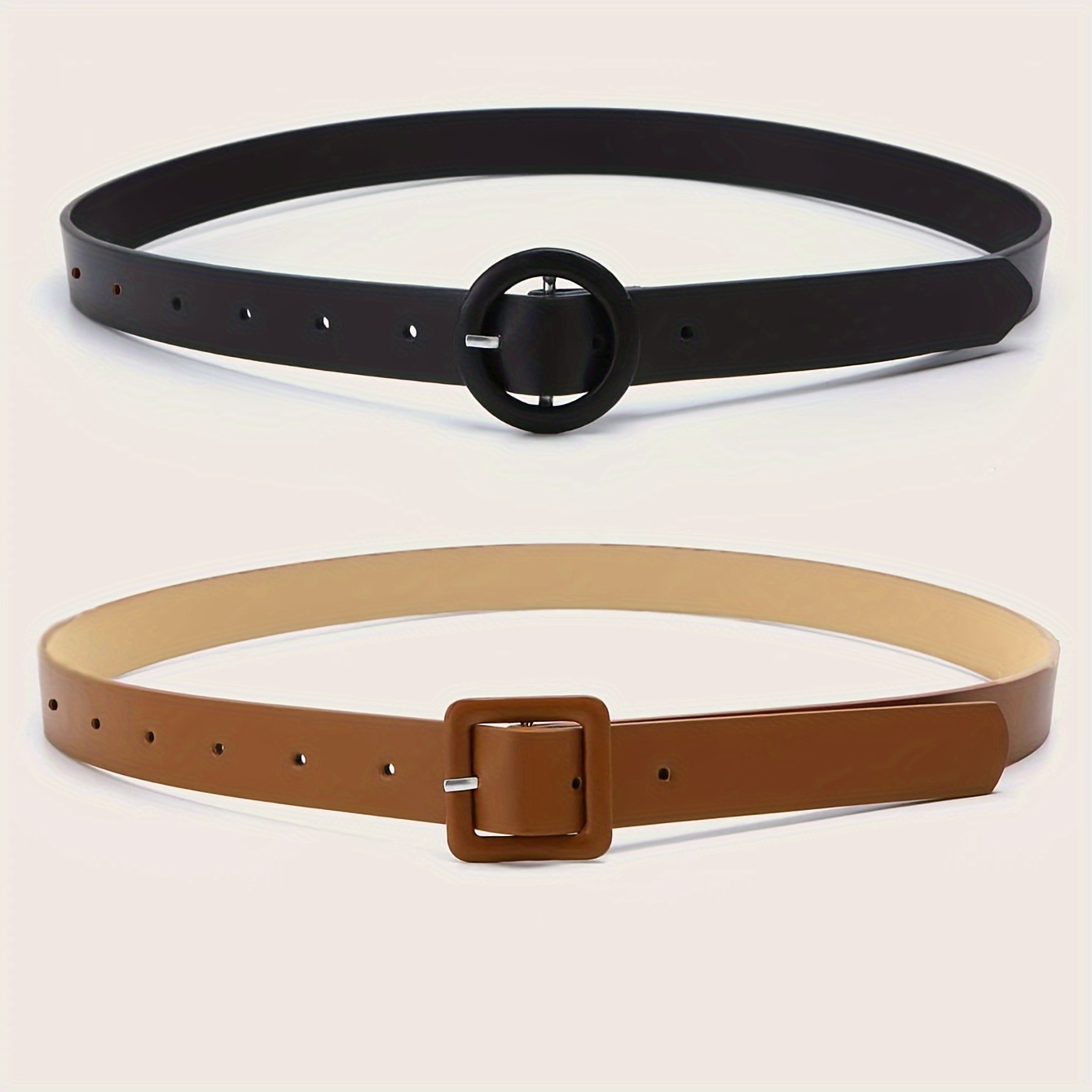 Solid Color Pu Belts Classic Square Round Buckle Waistband - Temu