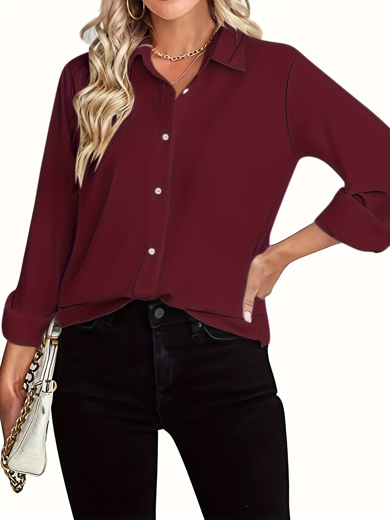women's elegant long sleeve button shirt classic collared - Temu