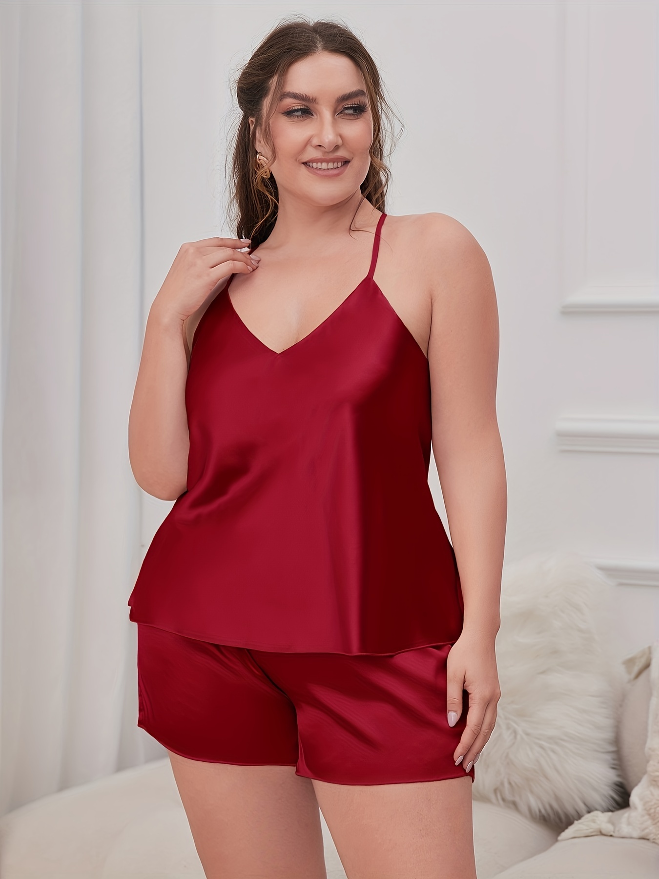 Plus Size Solid Color Cami Top Short Pajamas Set Women's - Temu