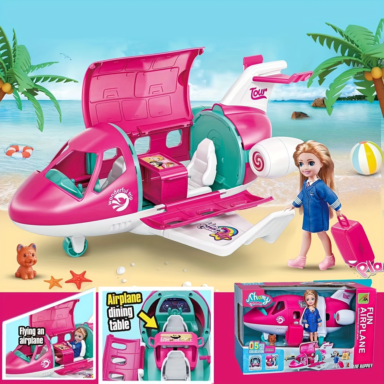 1 Set Fashion Doll Airplane Accessories Dream Vehicle Trip Pilot Princess  Doll Pink Color Playset Including Traveling Suitcase And Puppy Pet For 3  Years Old Kids And Up Toys (Color Box)