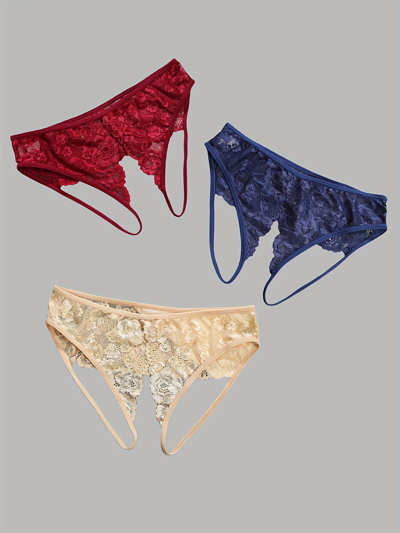 3pcs Floral Lace Panties, Cut Out Open Crotch Panties, Women's Sexy  Lingerie & Underwear
